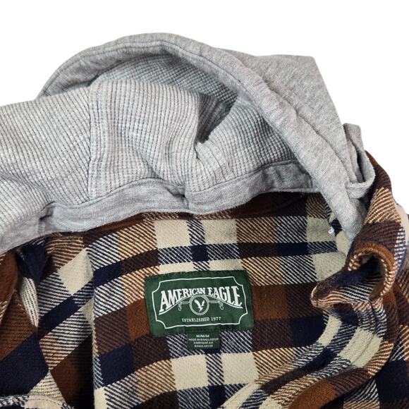 Mens American Eagle Plaid Flannel Jacket Size Medium Brown Gray Hood Shacket - Picture 6 of 6
